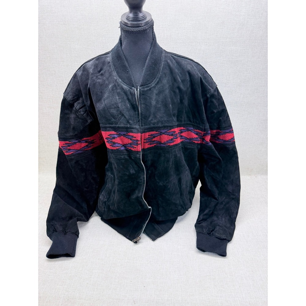 Adler Vintage Black Suede Leather Bomber Jacket Mens XL Southwestern Red Pattern